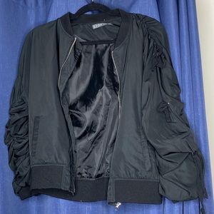 Black bomber jacket, ruched sleeves with ties